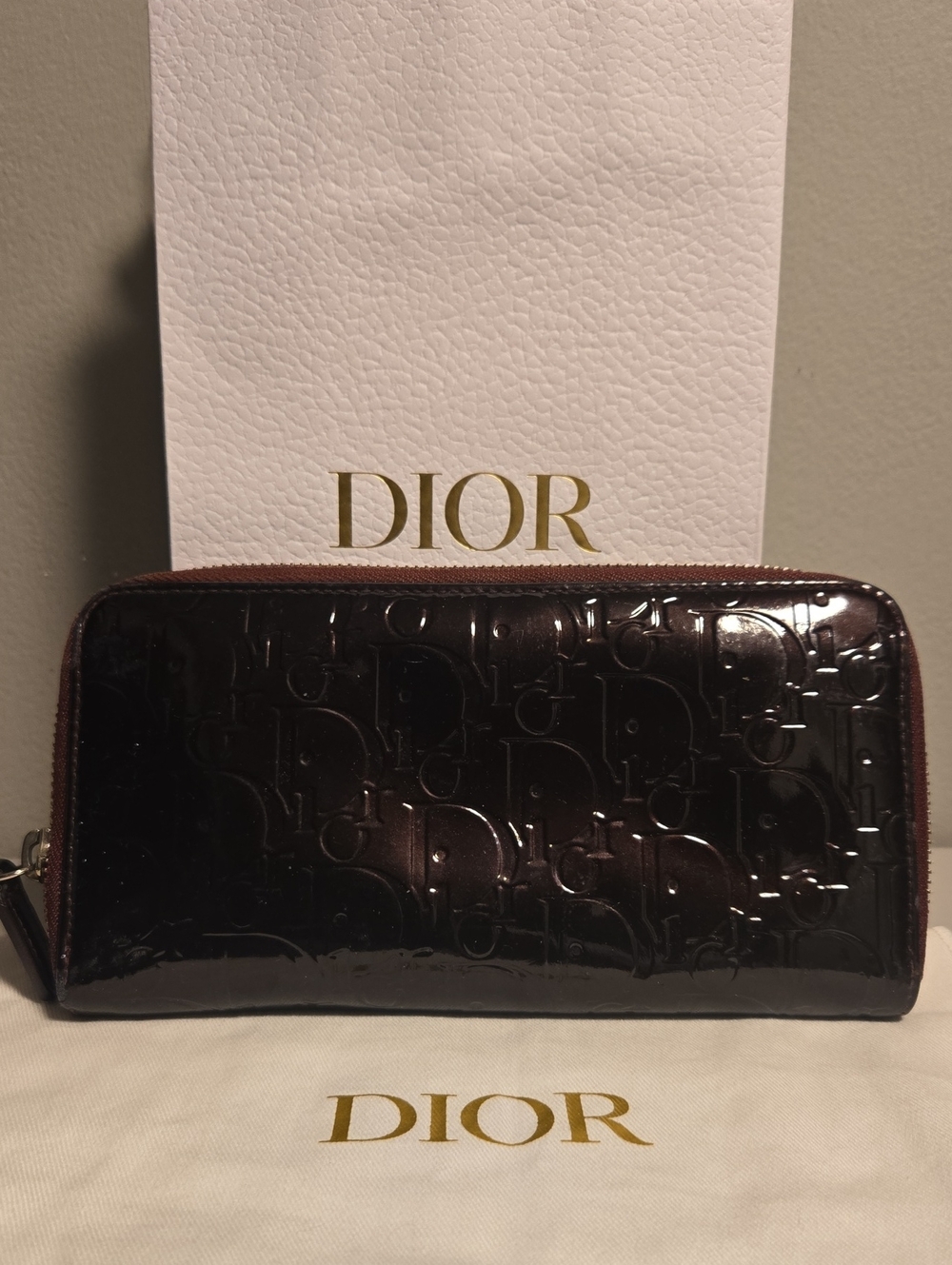 Dior Burgundy Patent Leather Embossed Wallet